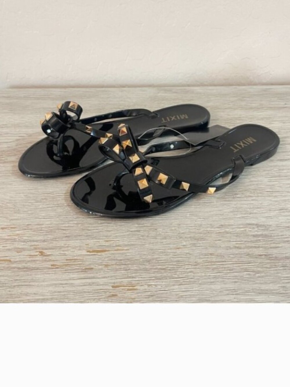 New Mixit Sandals Stud Bow Ribbon Thong Beach Pool Rockstud Black Gold 6